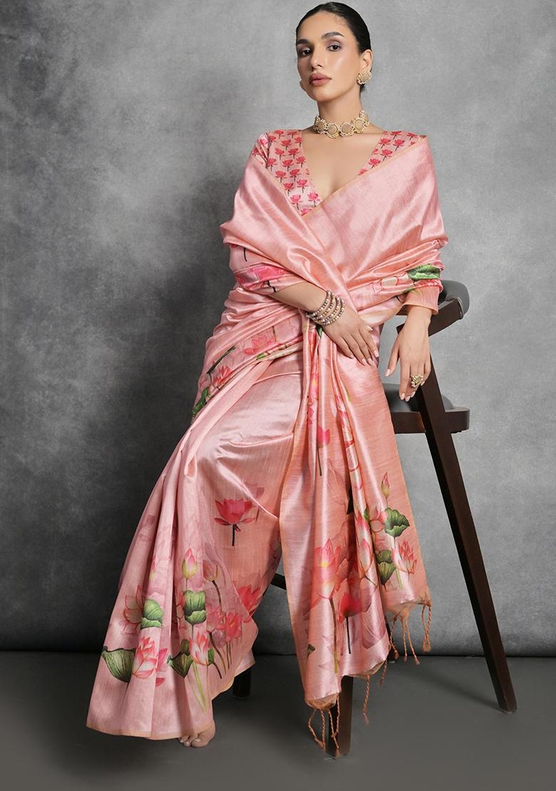 Peach Printed Tussar Silk Saree Set