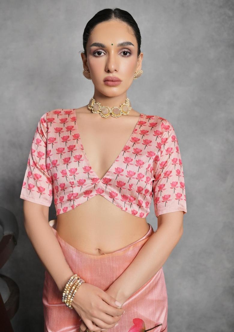 Peach Printed Tussar Silk Saree Set