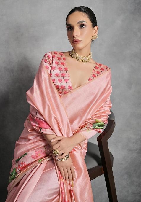 Peach Printed Tussar Silk Saree Set