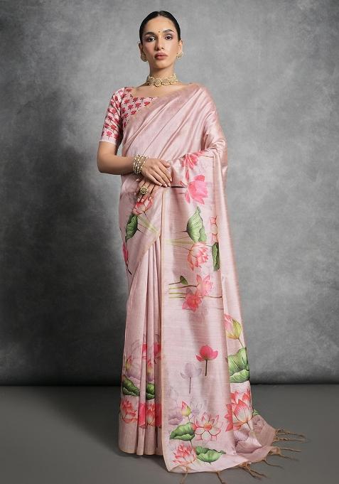 Pink Printed Tussar Silk Saree Set