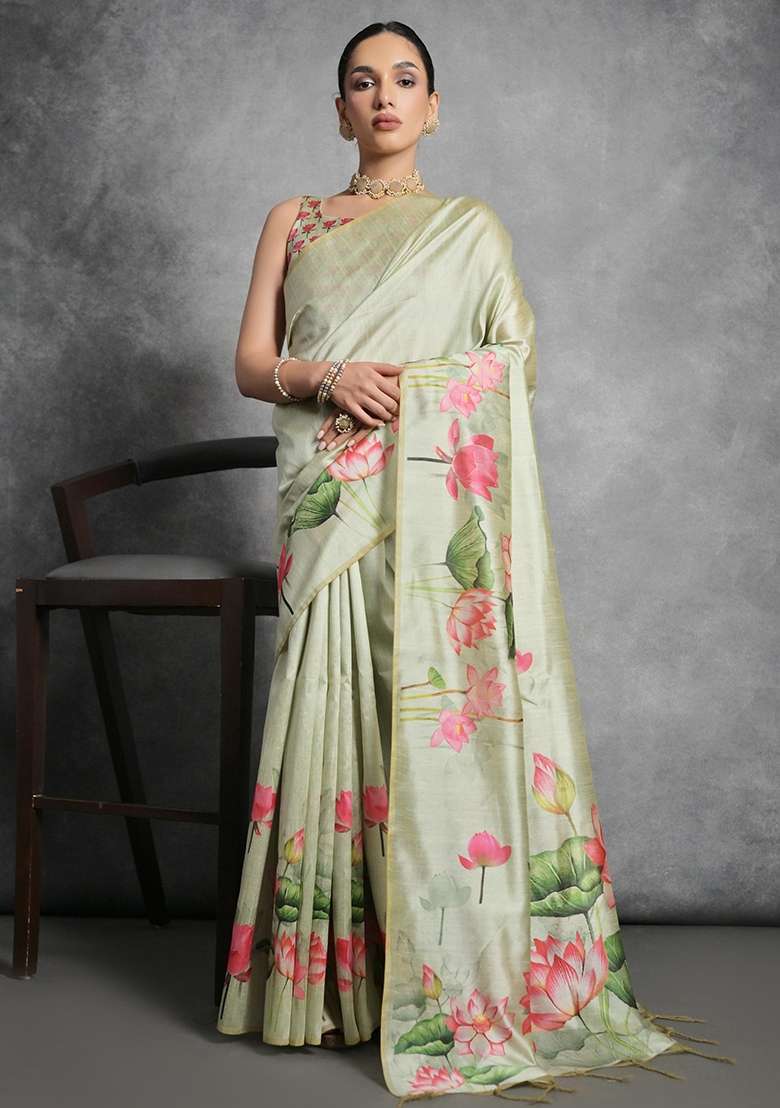 Pista Green Printed Tussar Silk Blend Saree Set for Diwali and Festive Wear - Indya