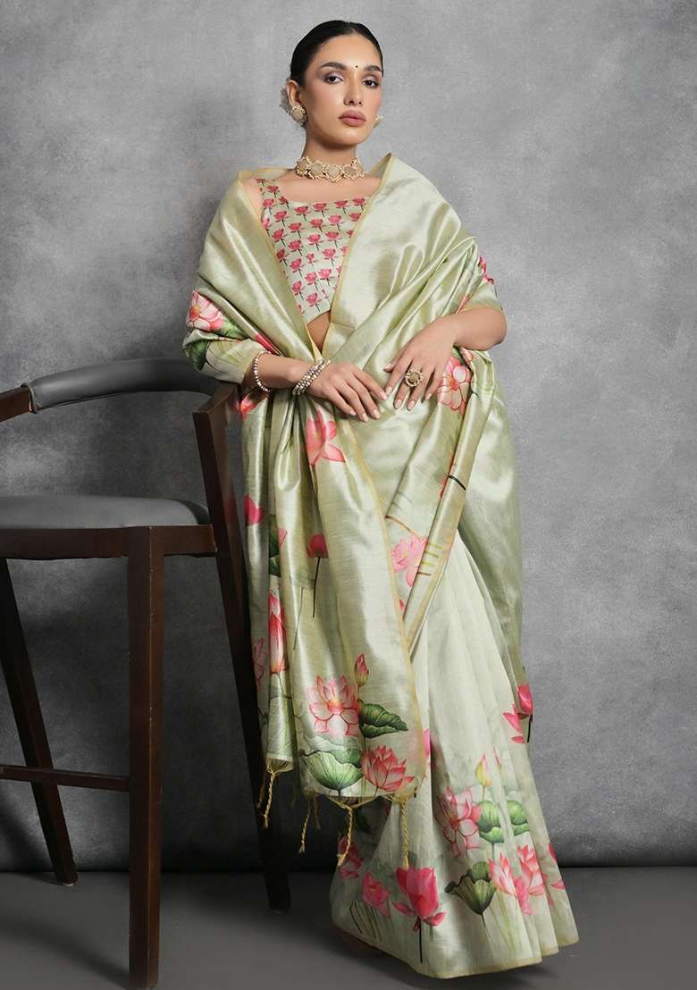 Pista Green Printed Tussar Silk Blend Saree Set for Diwali and Festive Wear - Indya