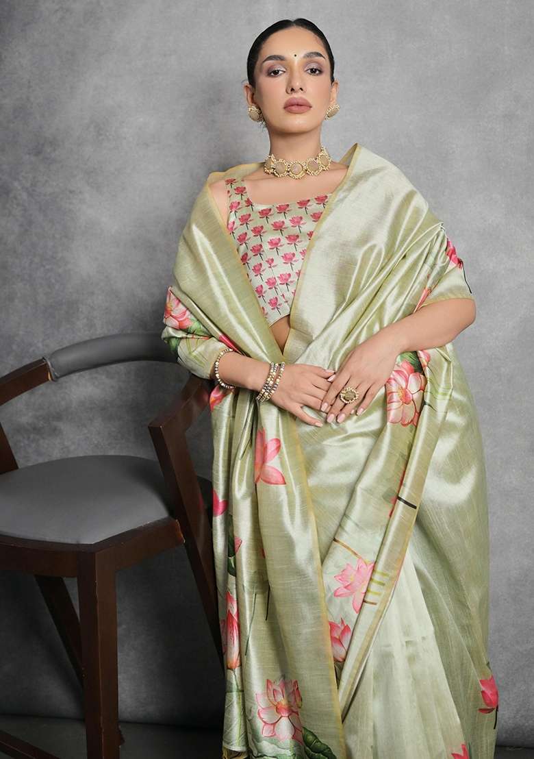 Pista Green Printed Tussar Silk Blend Saree Set for Diwali and Festive Wear - Indya