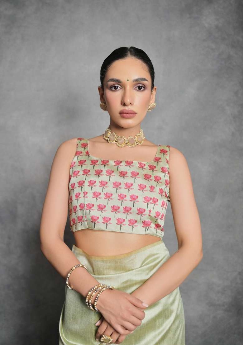 Pista Green Printed Tussar Silk Blend Saree Set for Diwali and Festive Wear - Indya
