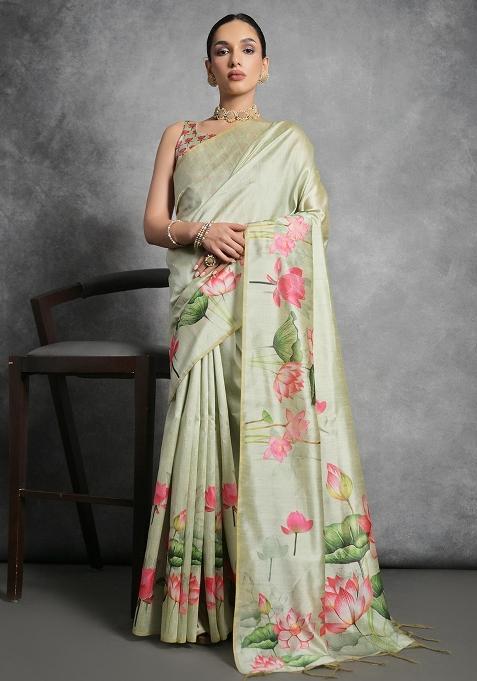 Pista Green Printed Tussar Silk Saree Set