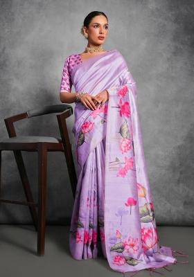 Purple Printed Tussar Silk Saree Set