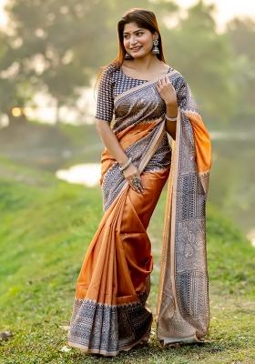 Orange Printed Tussar Silk Saree Set