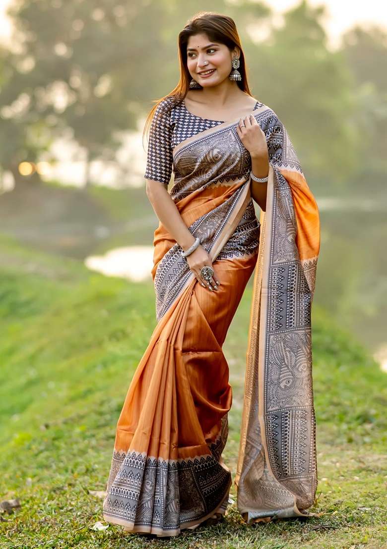 Orange Printed Tussar Silk Blend Saree Set for Diwali and Festive Wear - Indya
