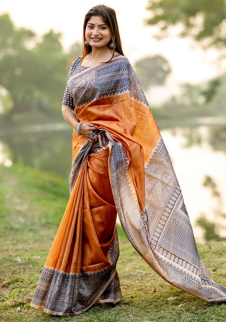 Orange Printed Tussar Silk Blend Saree Set for Diwali and Festive Wear - Indya