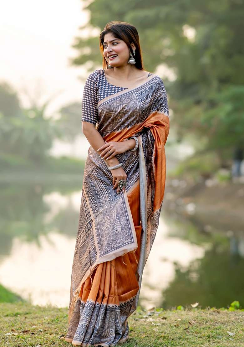 Orange Printed Tussar Silk Blend Saree Set for Diwali and Festive Wear - Indya