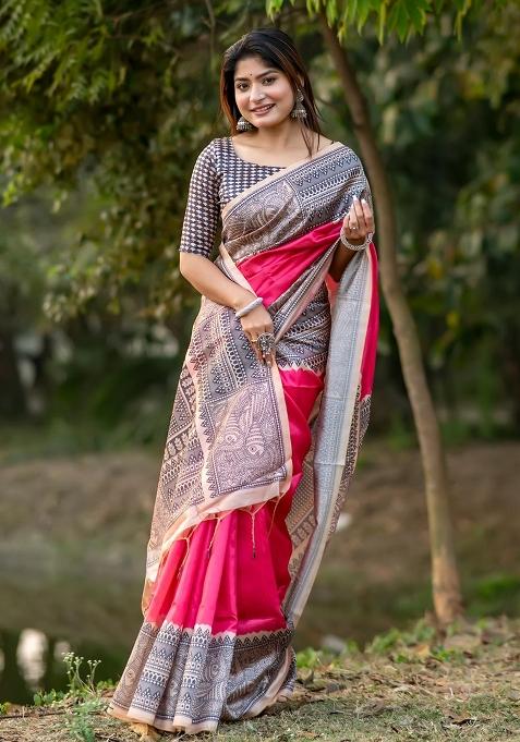 Pink Printed Tussar Silk Saree Set