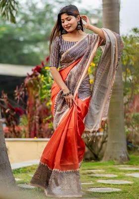 Red Printed Tussar Silk Saree Set