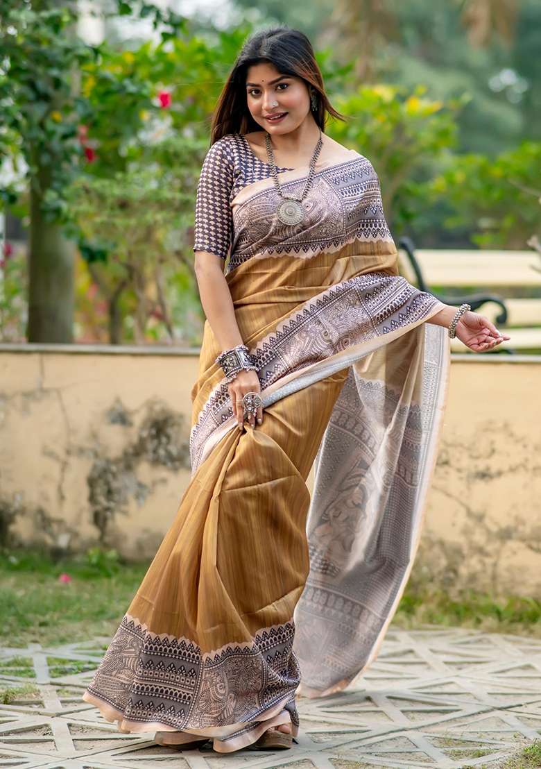 Cream Printed Tussar Silk Blend Saree Set for Diwali and Festive Wear - Indya