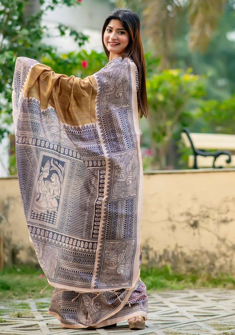 Cream Printed Tussar Silk Blend Saree Set for Diwali and Festive Wear - Indya