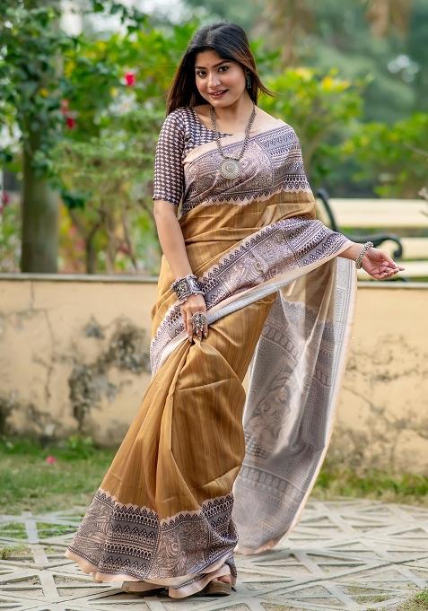 Cream Printed Tussar Silk Saree Set