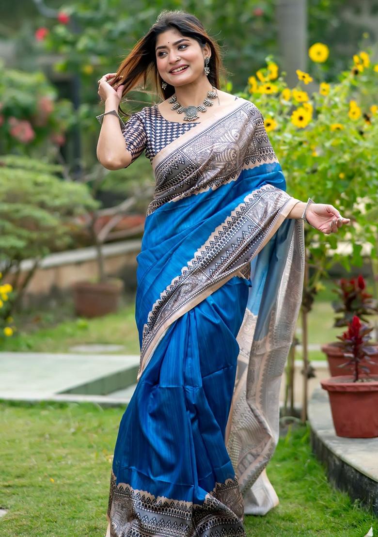 Blue Printed Tussar Silk Saree Set