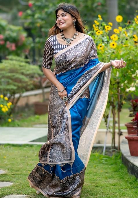 Blue Printed Tussar Silk Saree Set