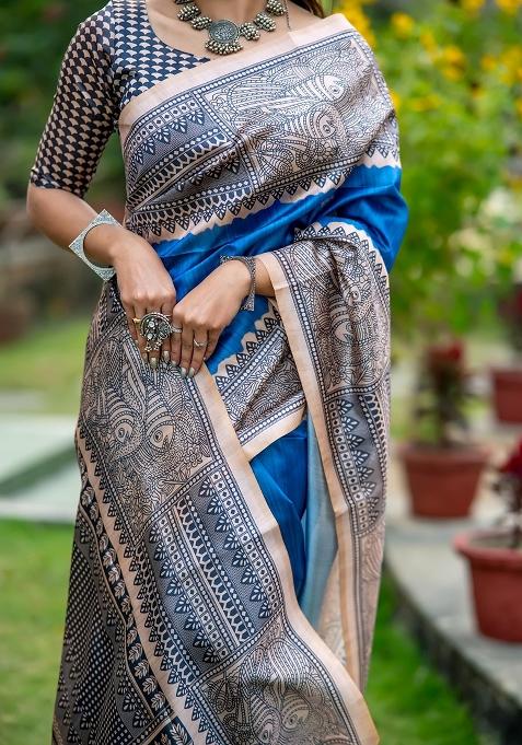 Blue Printed Tussar Silk Saree Set
