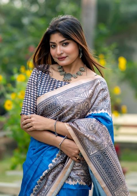 Blue Printed Tussar Silk Saree Set