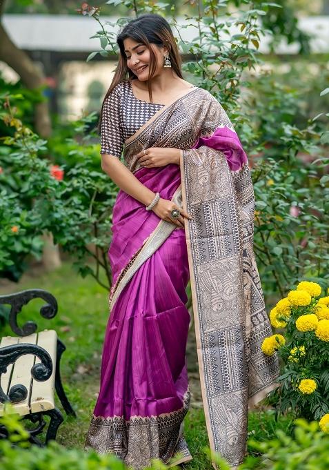 Purple Printed Tussar Silk Saree Set