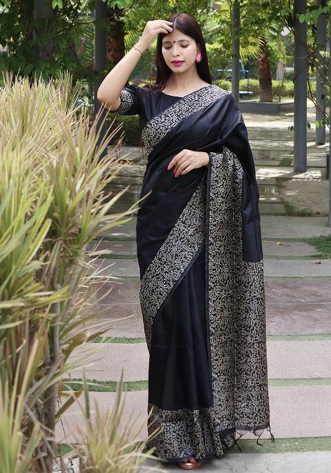 Black Embroidered Raw Silk Saree Set