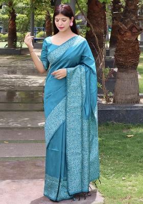 Sky Blue Embroidered Raw Silk Blend Saree Set