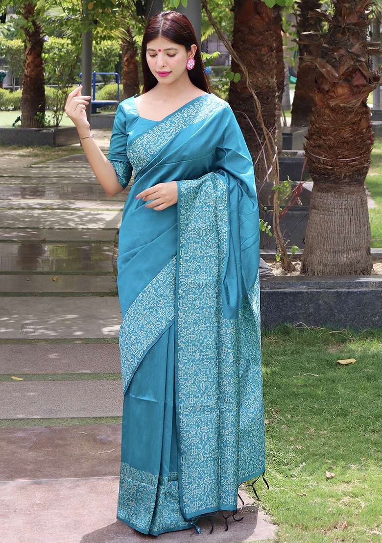 Sky Blue Embroidered Raw Silk Blend Saree Set for Diwali and Festive Wear - Indya