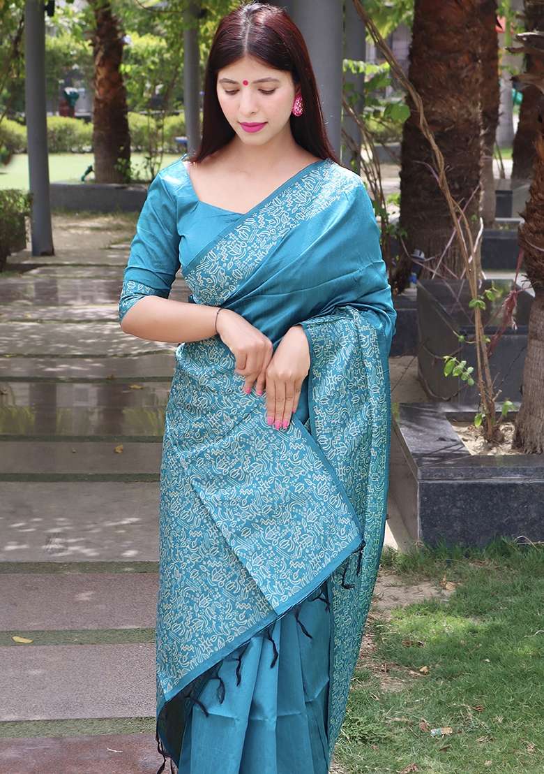 Sky Blue Embroidered Raw Silk Blend Saree Set for Diwali and Festive Wear - Indya