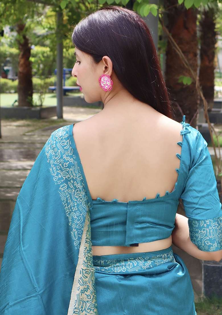 Sky Blue Embroidered Raw Silk Blend Saree Set for Diwali and Festive Wear - Indya