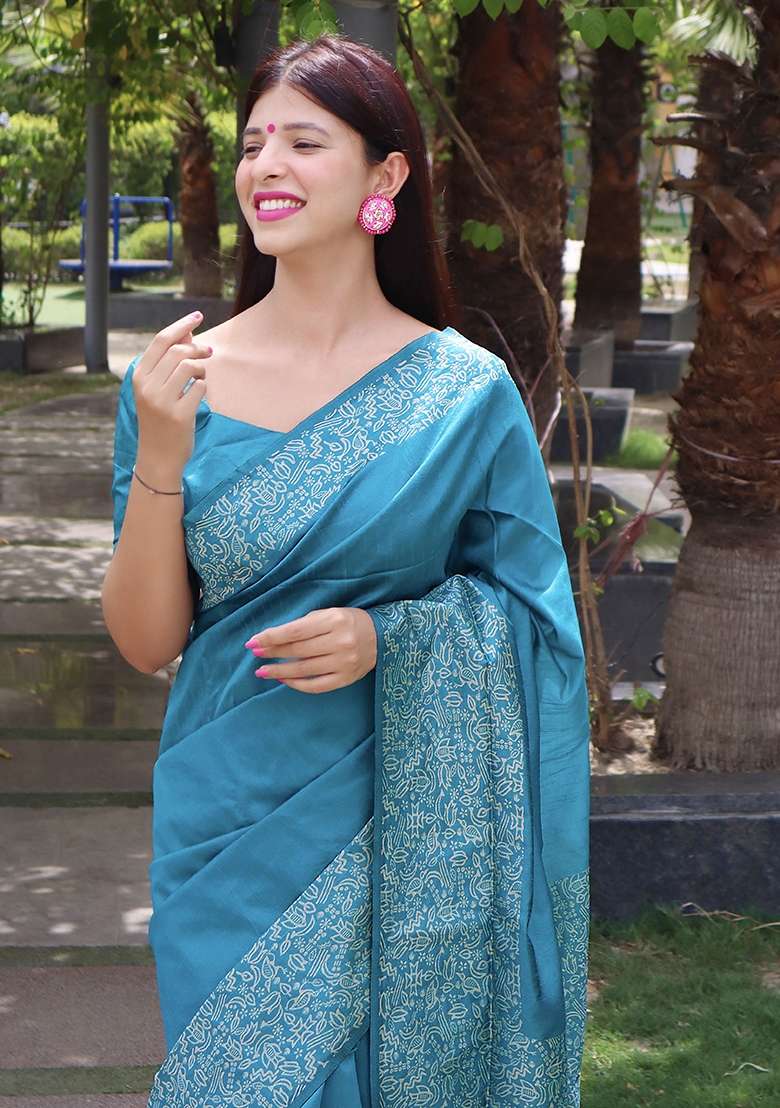 Sky Blue Embroidered Raw Silk Blend Saree Set for Diwali and Festive Wear - Indya