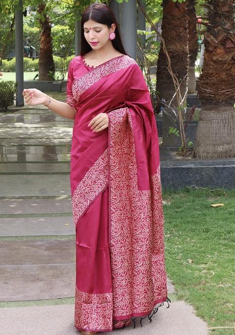 Pink Embroidered Raw Silk Saree Set