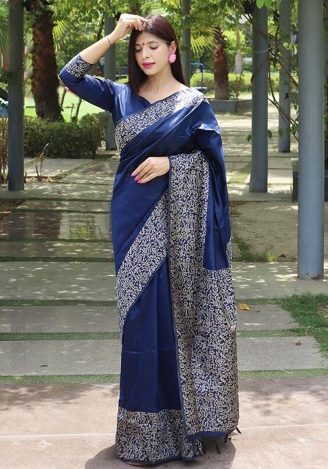 Blue Embroidered Raw Silk Saree Set