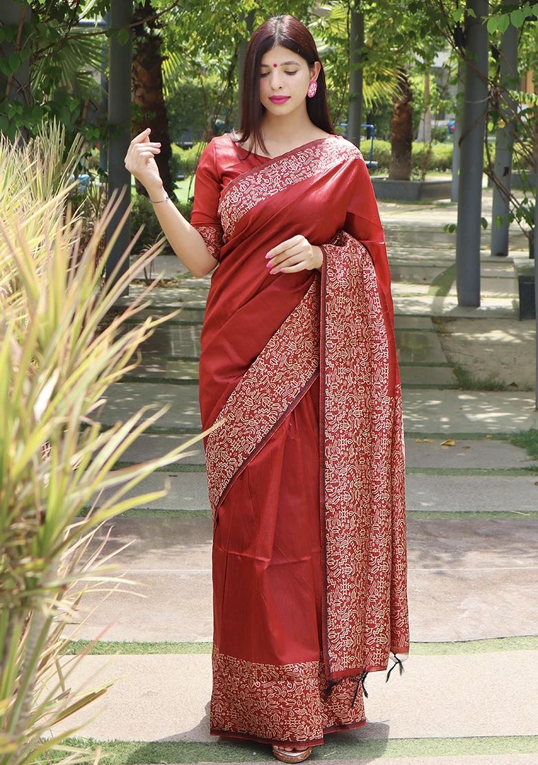 Red Embroidered Raw Silk Saree Set
