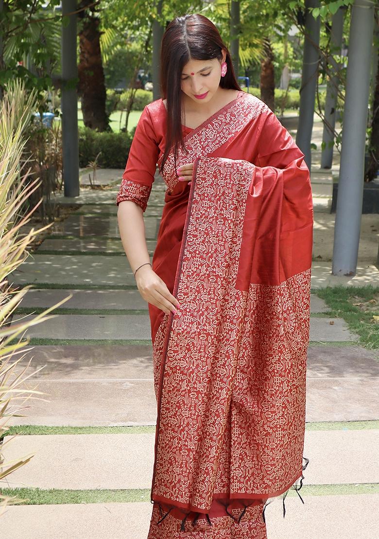 Red Embroidered Raw Silk Saree Set