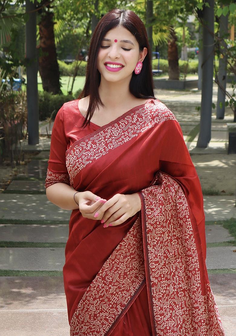 Red Embroidered Raw Silk Saree Set