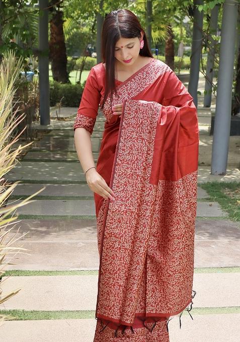Red Embroidered Raw Silk Saree Set
