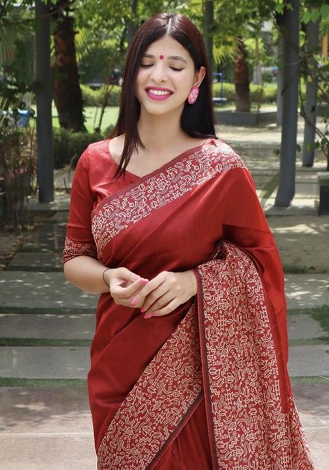 Red Embroidered Raw Silk Saree Set