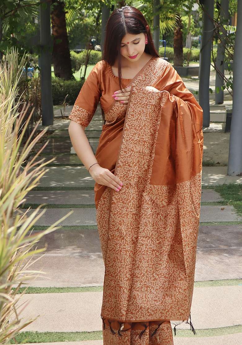 Brown Embroidered Raw Silk Blend Saree Set for Diwali and Festive Wear - Indya