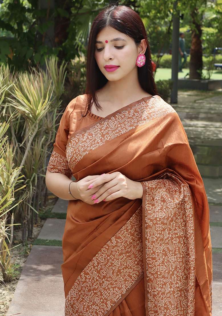 Brown Embroidered Raw Silk Blend Saree Set for Diwali and Festive Wear - Indya