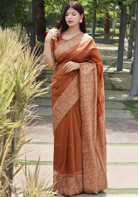 Brown Embroidered Raw Silk Saree Set