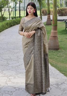 Beige Embroidered Raw Silk Saree Set