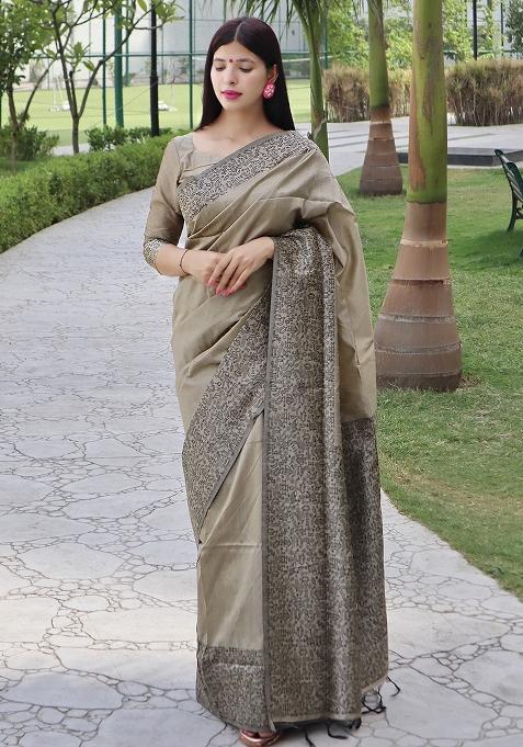 Beige Embroidered Raw Silk Saree Set