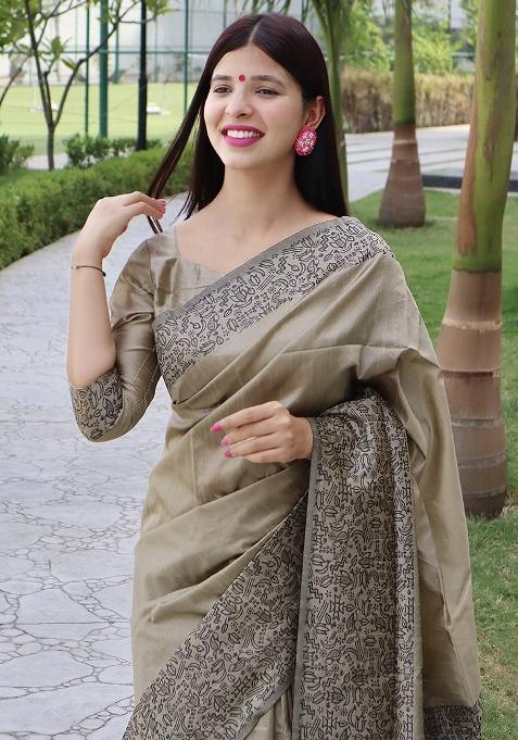 Beige Embroidered Raw Silk Saree Set