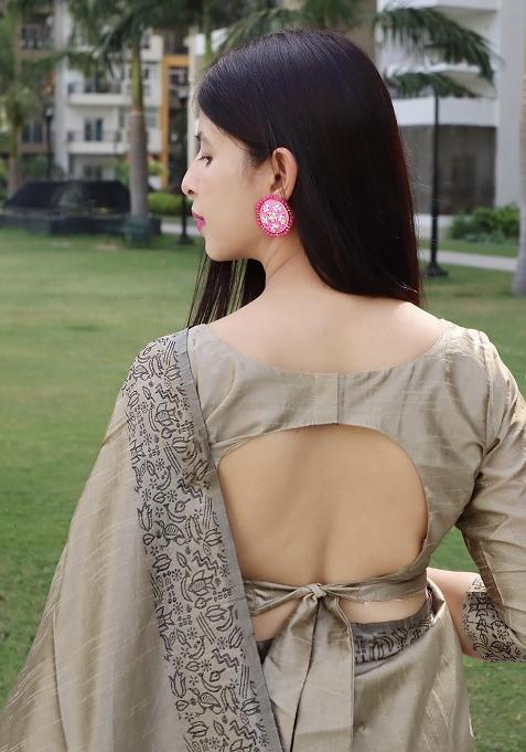 Beige Embroidered Raw Silk Saree Set