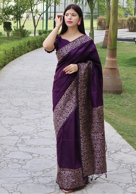 Purple Embroidered Raw Silk Saree Set