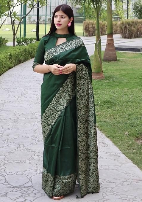 Green Embroidered Raw Silk Saree Set