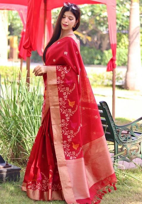 Red Jamdani Weaving Linen Silk Saree Set
