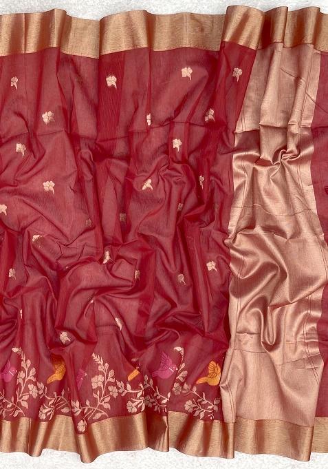Red Jamdani Weaving Linen Silk Saree Set