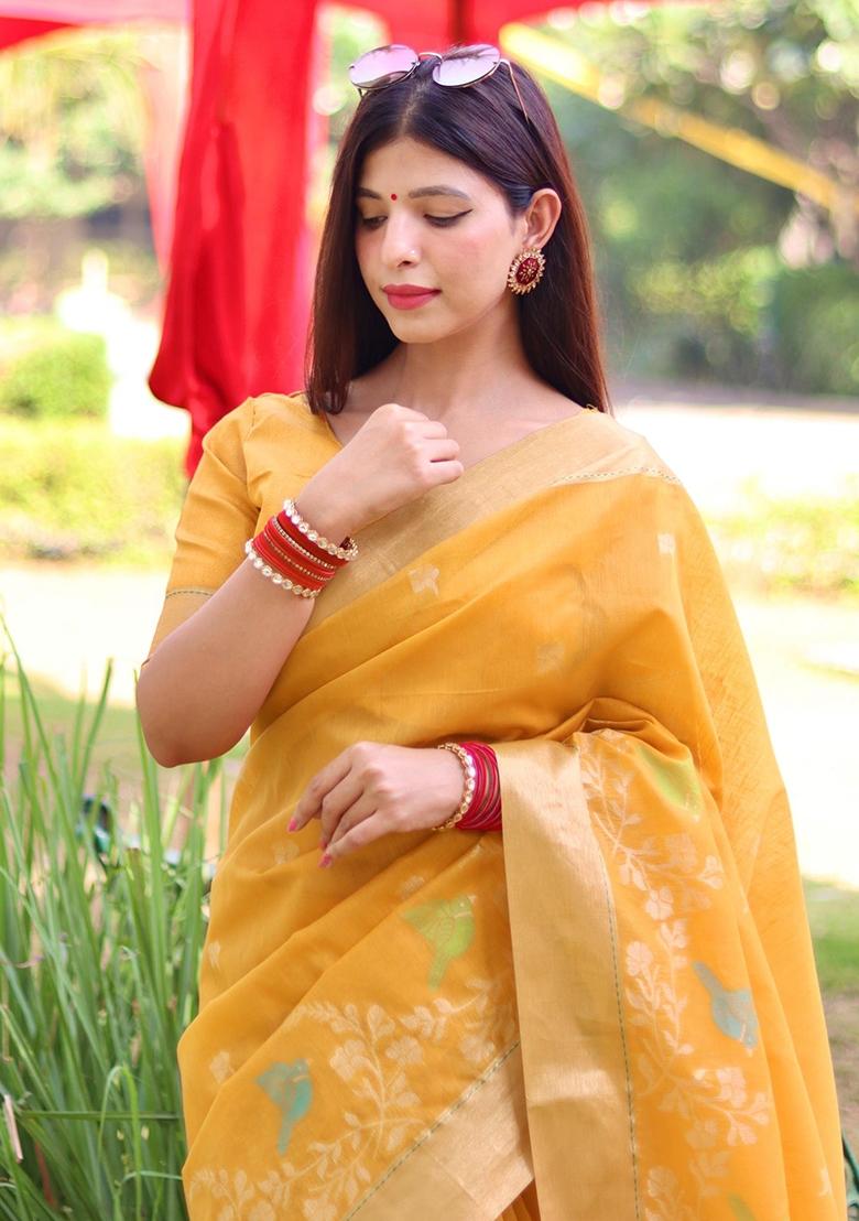 Yellow Jamdani Weaving Linen Silk Saree Set