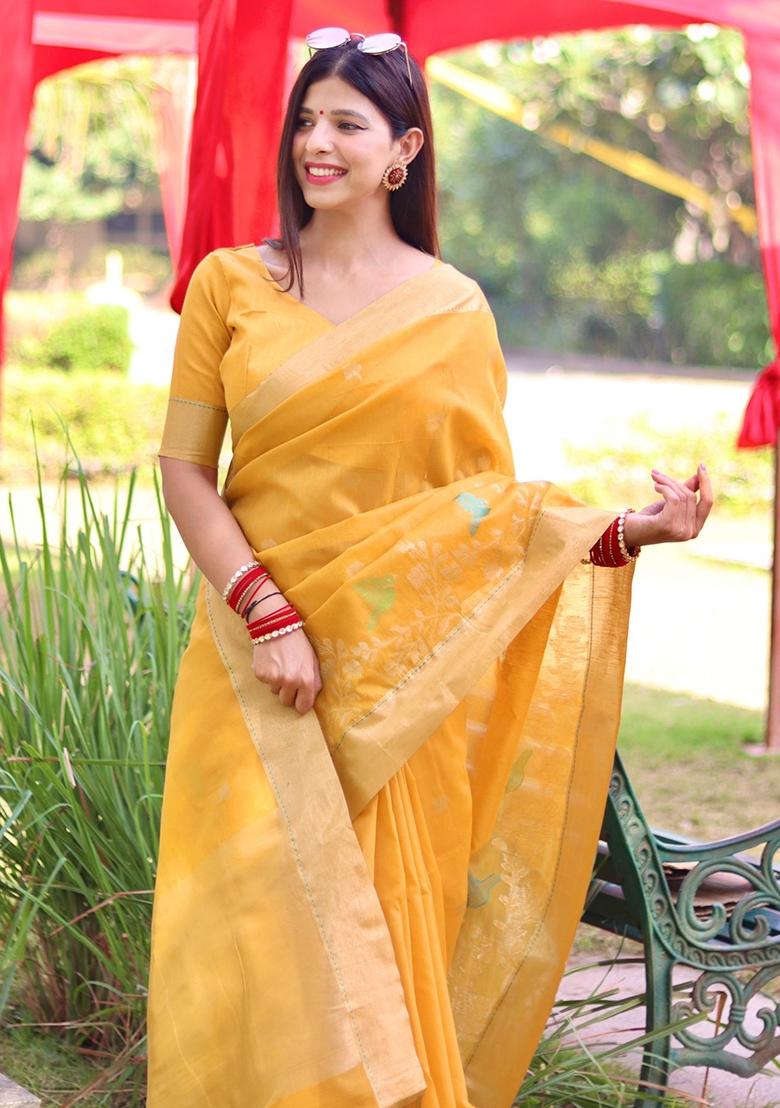 Yellow Jamdani Weaving Linen Silk Saree Set